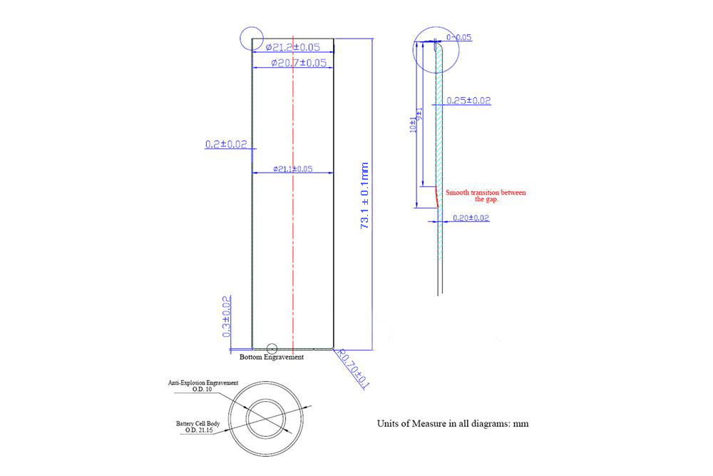 21700 Pre-Clamped Empty Cylinder Cell Case with Anti-Explosive Cap 100 Pcs/package - Lib-21700C