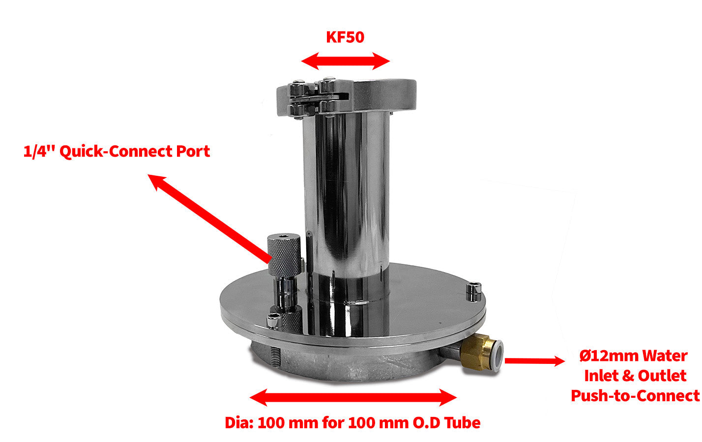 Vacuum Sealing Flange with KF50 and 1/4" Feedthroughs and Water Cooling System for 100mm O.D Tube- FL100KF50
