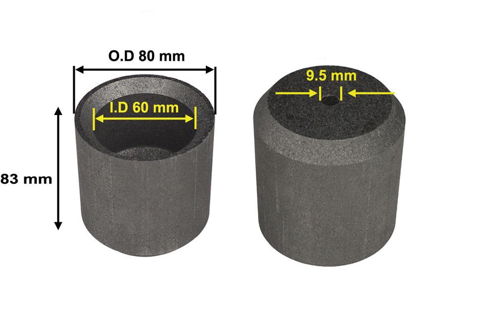 Graphite Crucible:80 mm OD x 60 mm ID x 83mm Height with 9.5mm pour hole for casting and Sealing Rod- CG6083