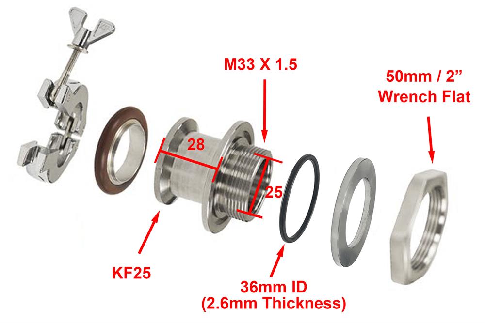 High Vacuum KF-25 Stainless Steel Feedthrough Adapter w/ 1" Hole Through - KF25FTA