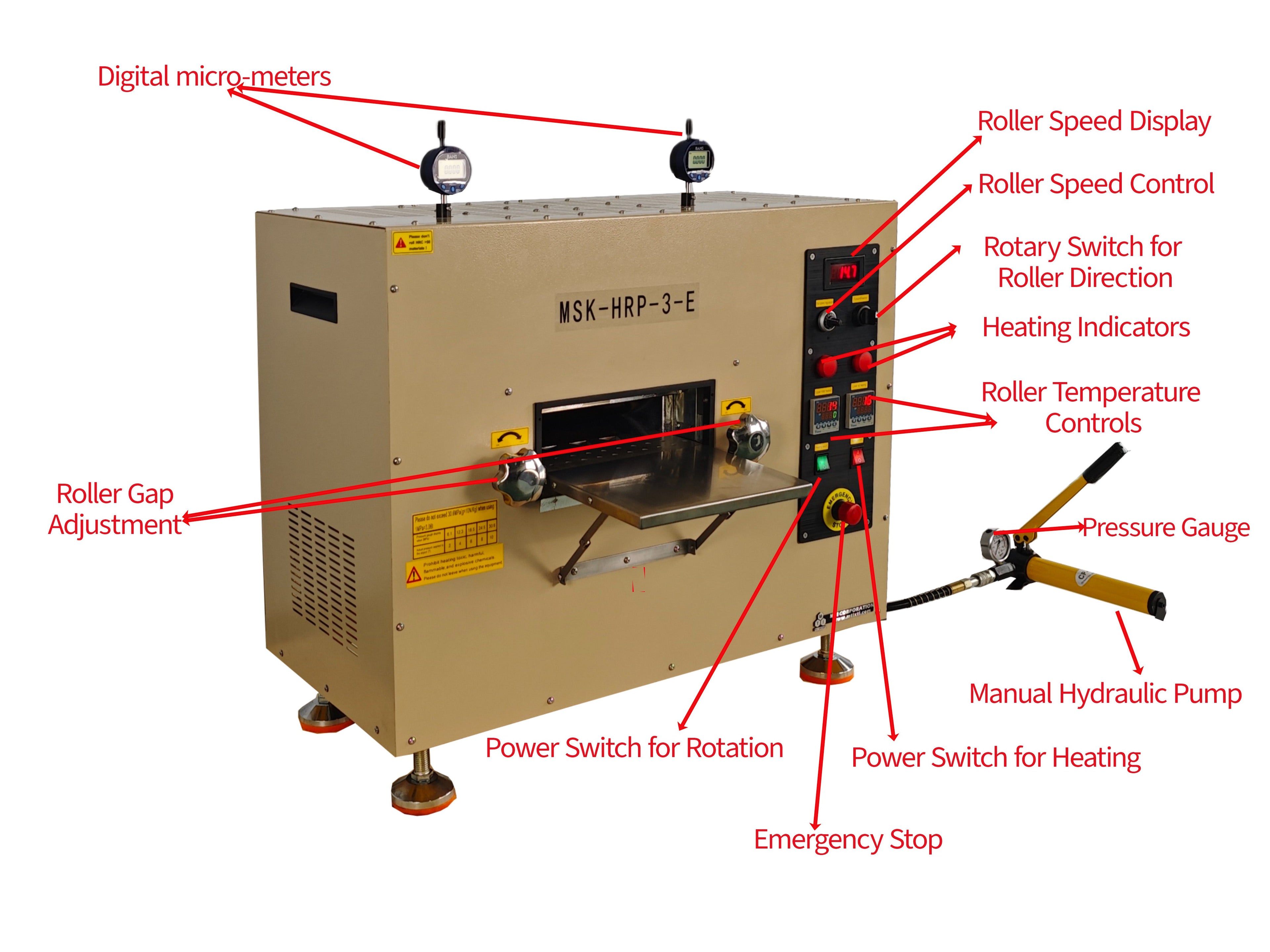Hot Rolling Press (8"D x10"W, 230 °C Max) w/ Adjustable Pressure up to 10 T - MSK-HRP-3-E
