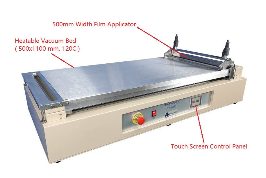 500mm-wide Tape Casting Sheet Coater (20"W°43"L) w/ Optional 120°C Vac. Bed & Doctor Blade or Slot Die - MSK-AFA-W500-AL