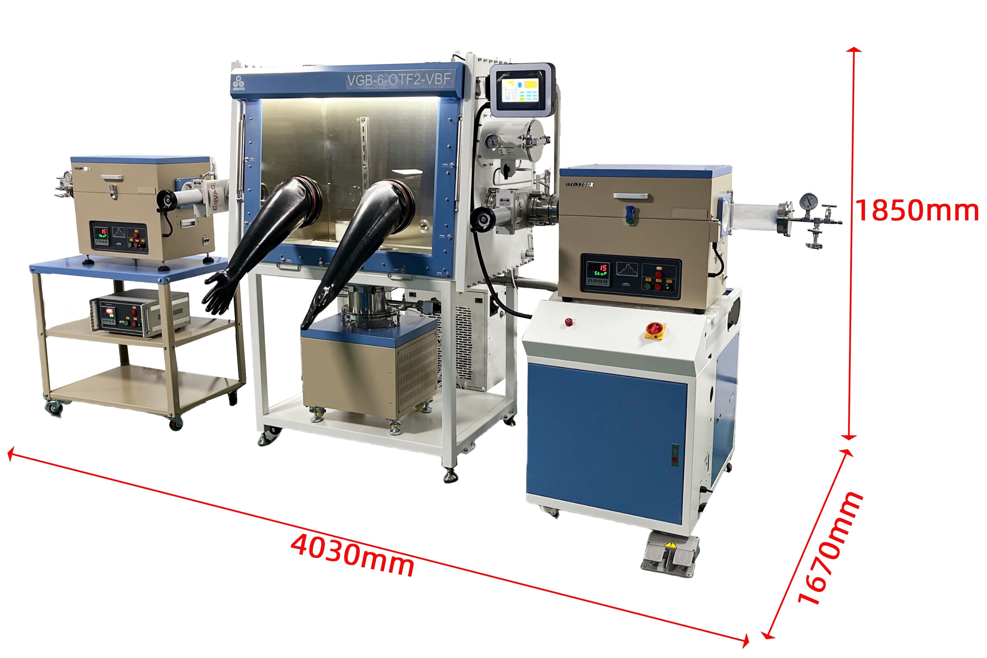 Glovebox with 1 PPM purification and Three 1200°C Max. Tube Furnaces  VGB-6-OTF2-VBF